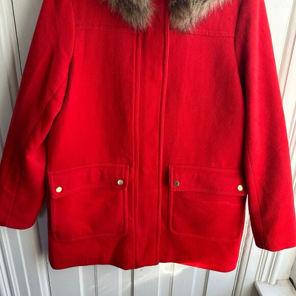 J Crew Vail Parka Coat Electric Red Wool Blend Faux Fur Trim - Picture 5 of 8